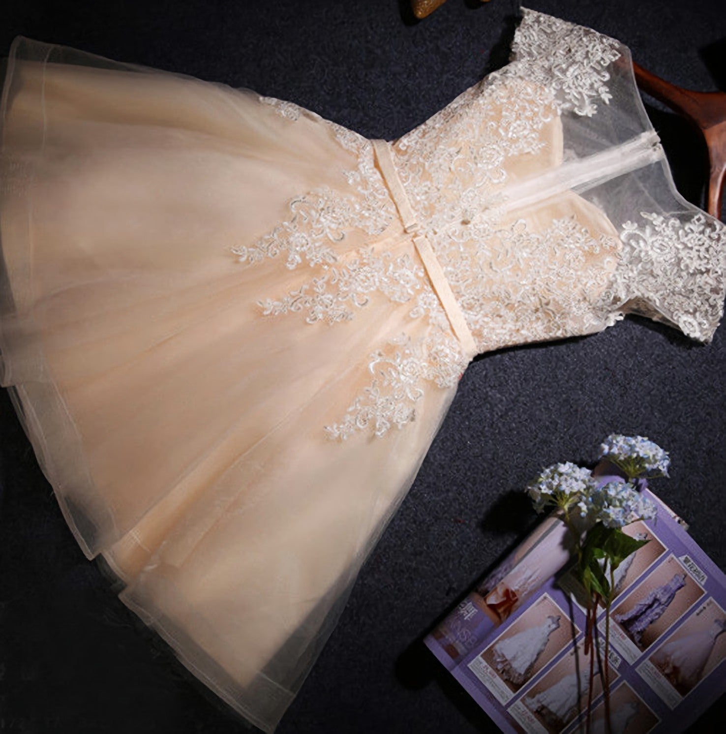 Bridesmaids Dresses Summer Wedding, Champagne Cheap Lace Short s Cap Sleeve Prom Dresses