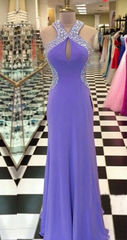 Party Dress Bridal, Beaded A-line Lavender Purple Halter Neck Backless Long Evening Dresses