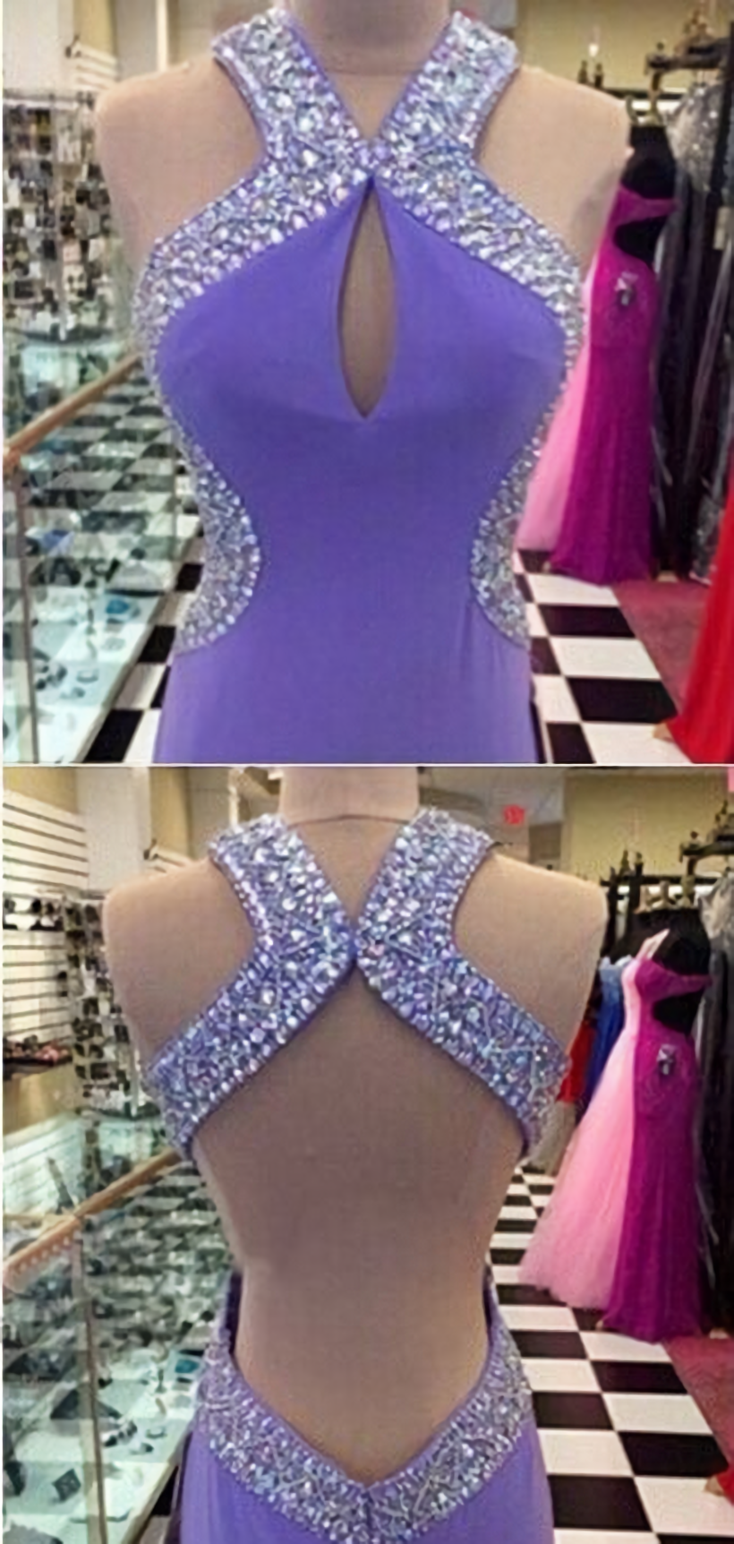 Party Dresses For Short Ladies, Beaded A-line Lavender Purple Halter Neck Backless Long Evening Dresses