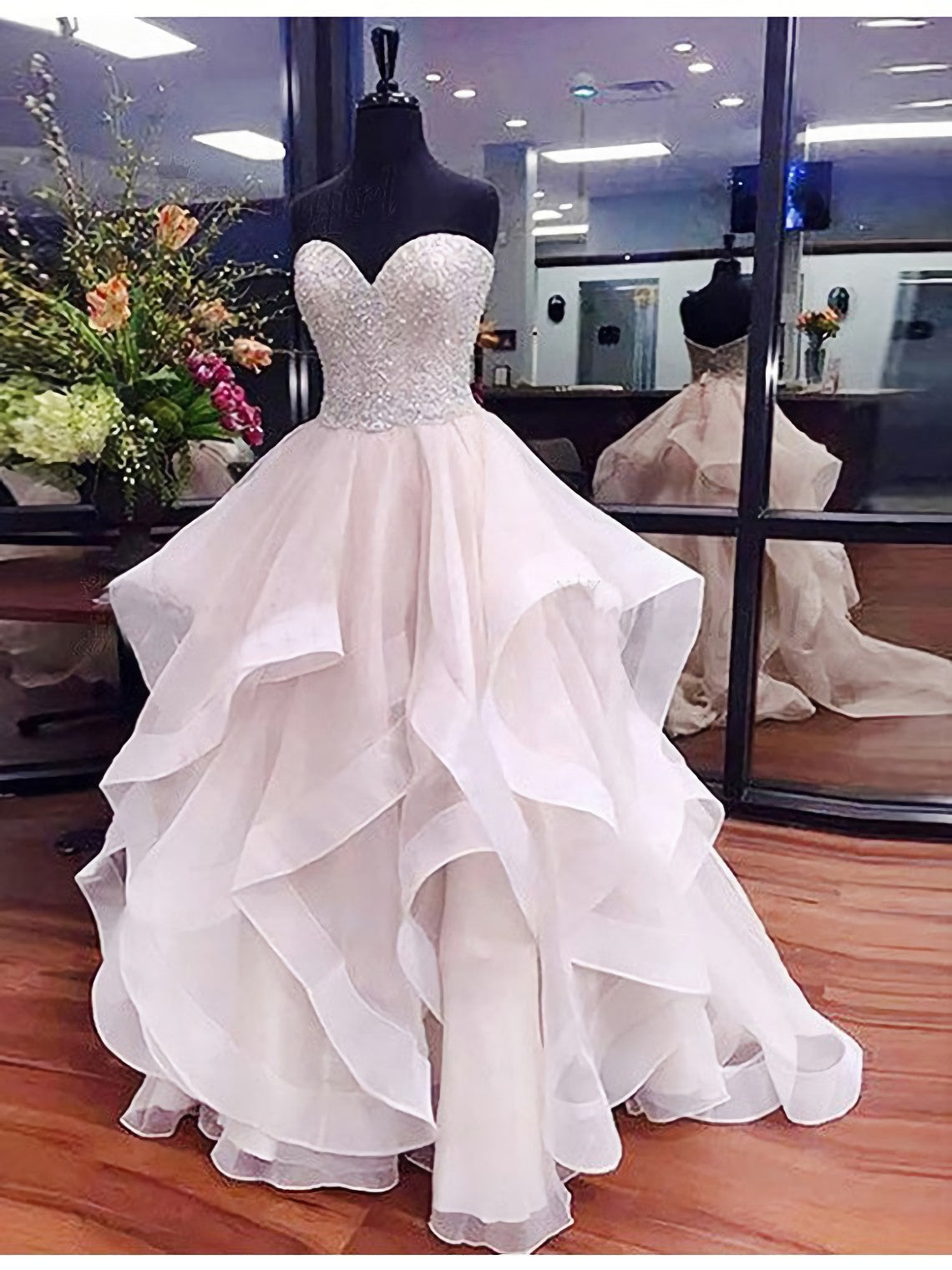 Bridesmaid Dress Mdae To Order, A Line Sweetheart Asymmetrical Ivory Organza With Lace Beading Prom Dresses