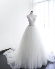 Wedding Dresses With Color, Prom Dresses, New Fashion Prom Dresses, Simple White Tulle Strapless Beaded Sweep Train Wedding Dresses