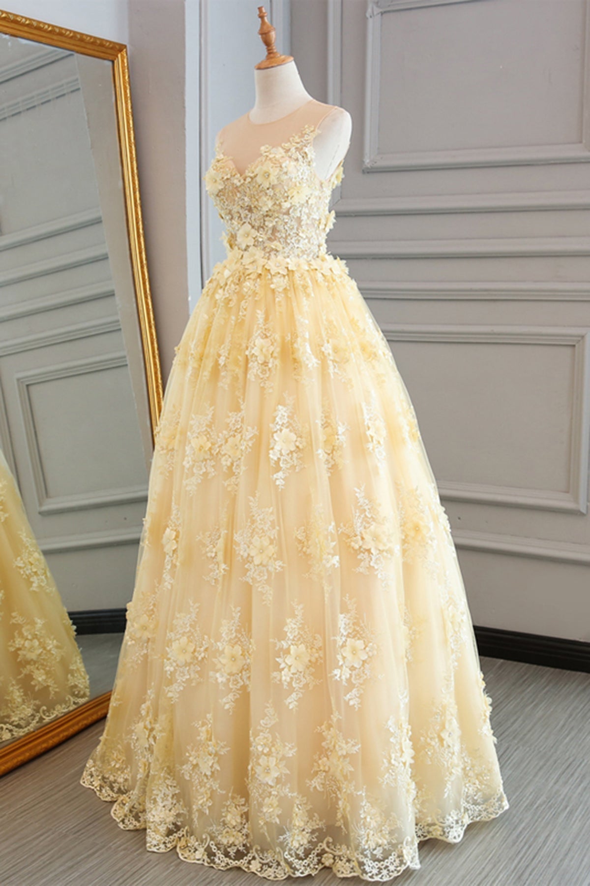 Bridesmaids Dress Trends, Yellow Lace Customize Long A Line Senior Halter Prom Dresses