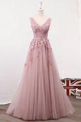 Bridesmaid Dresses Short, Pink Lace A Line Long Tulle Prom Dresses