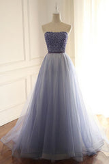 Bridesmaids Dress Long, Stylish A Line Strapless Tulle Long With Beading Prom Dresses