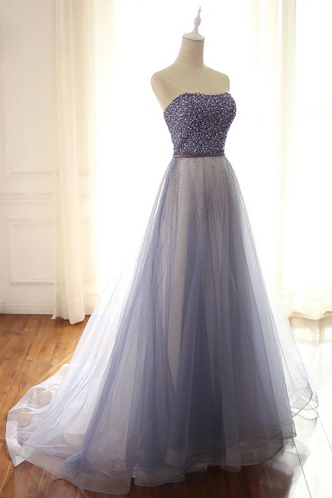 Bridesmaid Dresses Spring, Stylish A Line Strapless Tulle Long With Beading Prom Dresses
