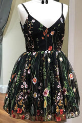 Bridesmaid Dress Shops, Unique Spaghetti Straps With Appliques Floral Short Prom Dresses