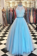 Bridesmaides Dresses Blue, Prety Halter Long Lace Tulle Beding Light Blue For Teens Elegant Prom Dresses