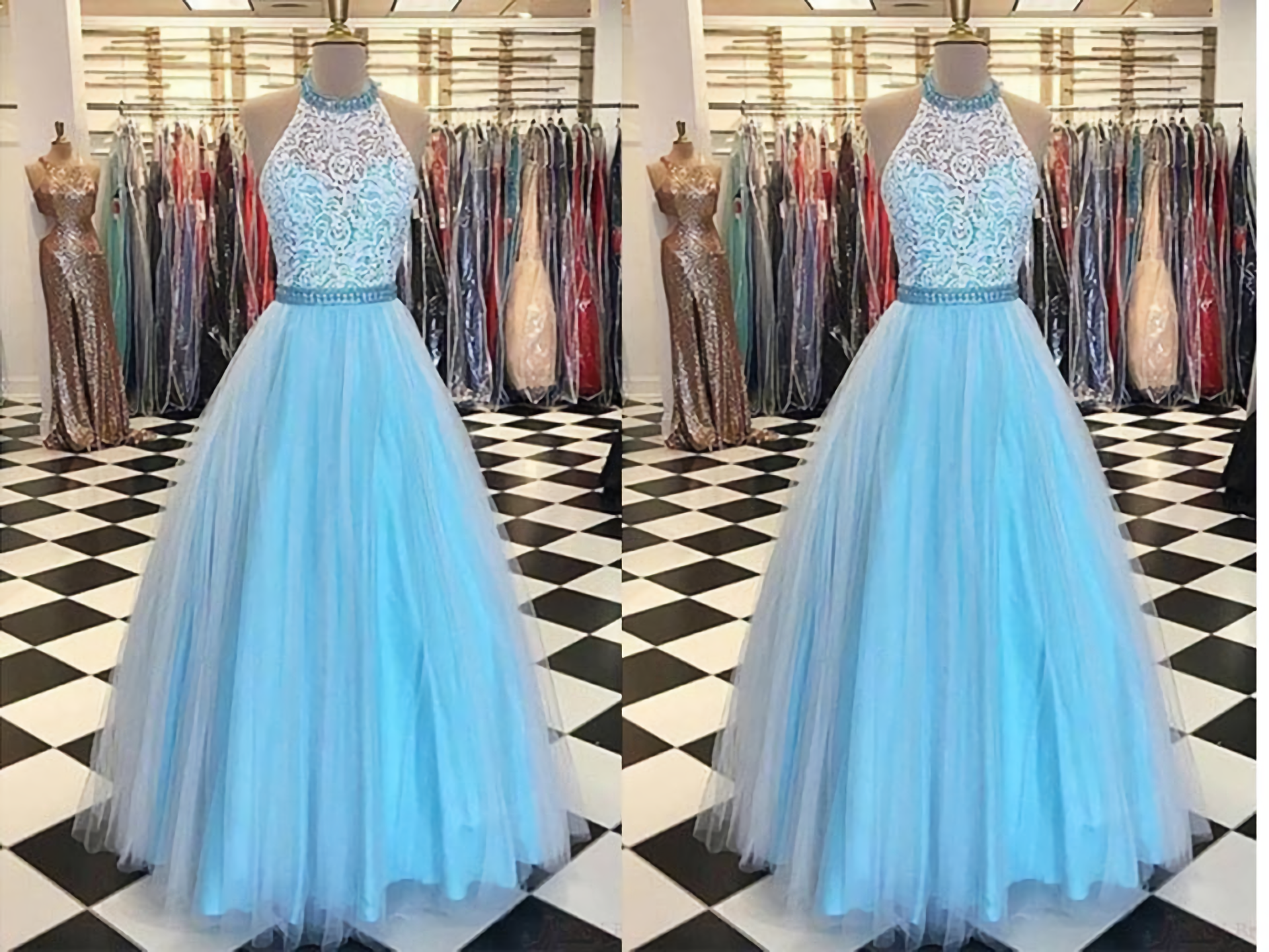 Bridesmaid Dress Blue, Prety Halter Long Lace Tulle Beding Light Blue For Teens Elegant Prom Dresses