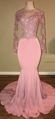 Homecoming Dresses Red, Shiny Pink Backless Beaded Long Sleeves Mermaid Prom Dresses_Sexy Pink Prom Gowns