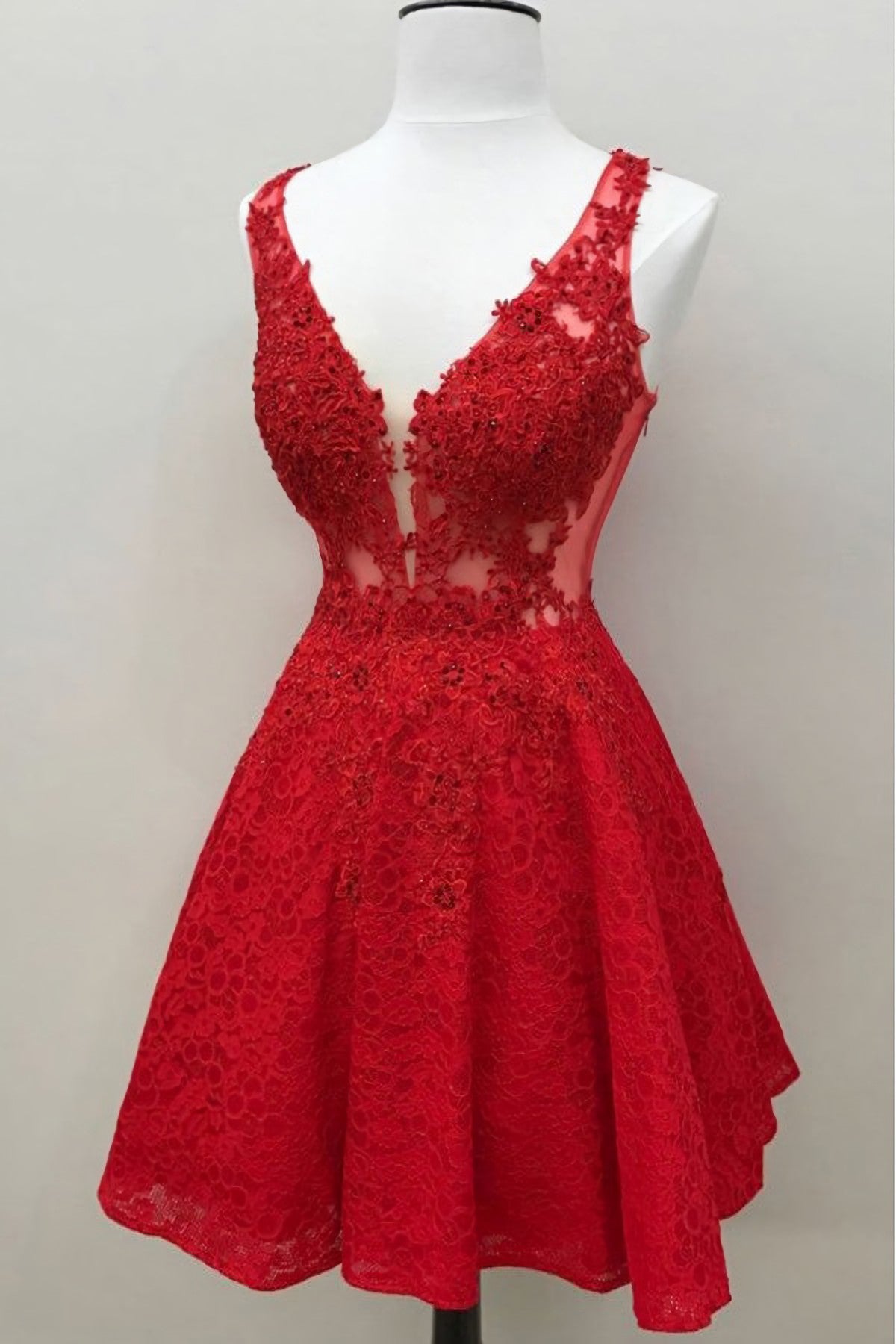 Bridesmaid Dress Neutral, Cute Red Lace Appliques Short V Neck Sleeveless Mini Dc14 Prom Dresses