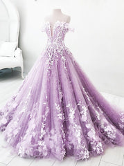 Bridesmaid Dresses With Sleeves, Off The Shoulder Lilac Appliques Floor Length Prom Dresses