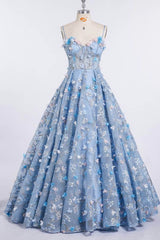 Bridesmaids Dresses Ideas, Princess Spaghetti Strap 3D Flower Applique Sky Blue Prom Dresses