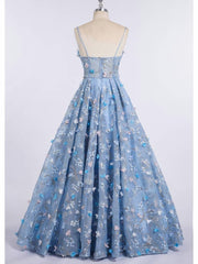 Bridesmaids Dresses Idea, Princess Spaghetti Strap 3D Flower Applique Sky Blue Prom Dresses