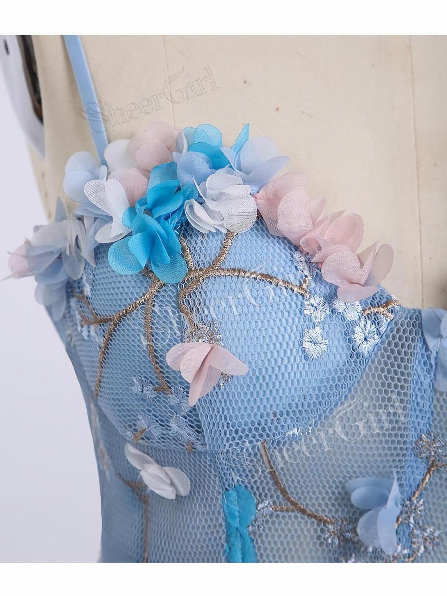 Bridesmaides Dress Ideas, Princess Spaghetti Strap 3D Flower Applique Sky Blue Prom Dresses