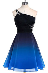 Bridesmaid Dresses Mismatched Summer, A Line Ombre Blue And Black One Shoulder Short Dc289 Prom Dresses
