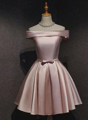 Formal Dresses For Middle School, Pink Satin Off Shoulder Cute 2024 Pink Homecoming Dresses