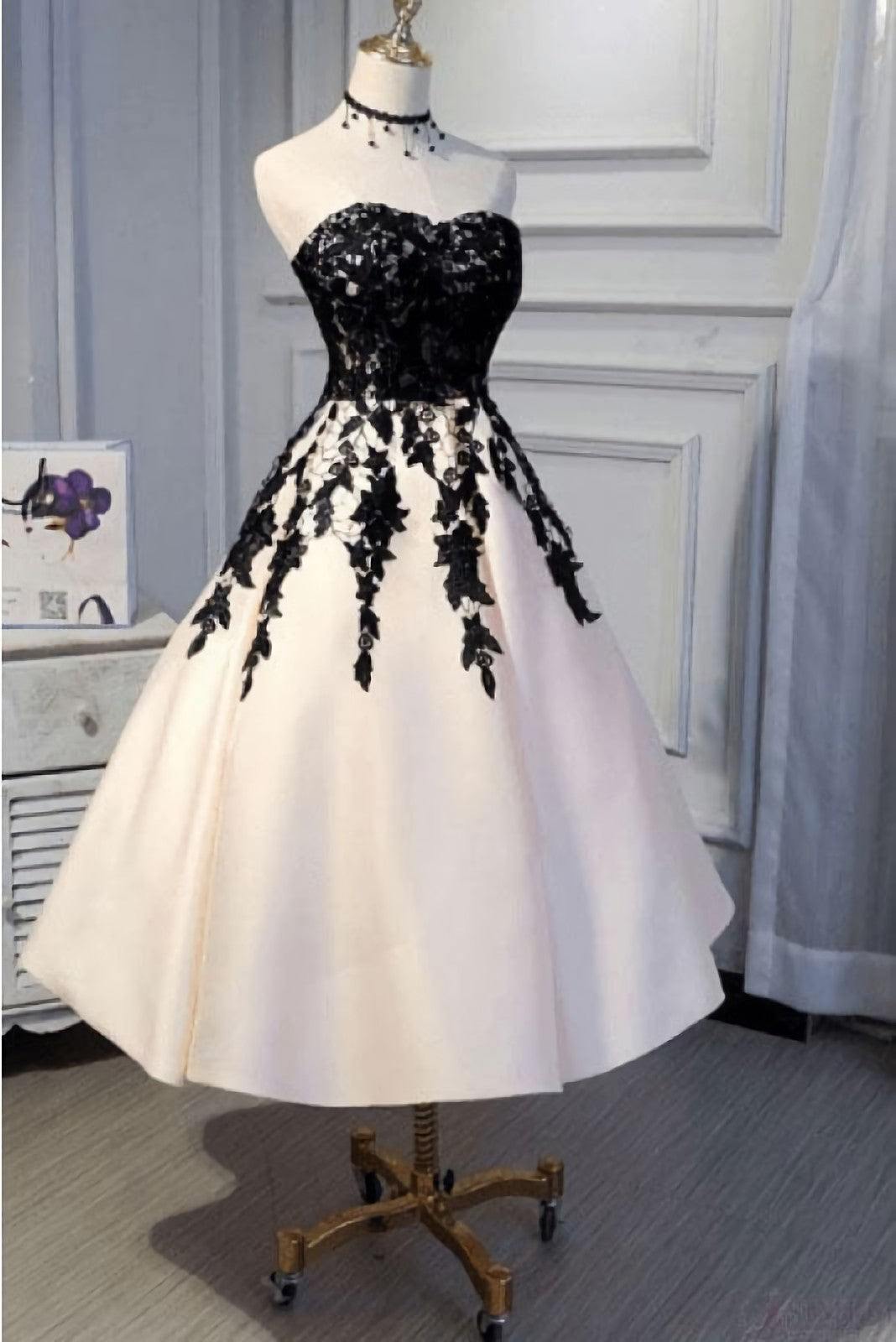 Classy Dress Outfit, Ankle Length Strapless with Black Lace A Line Princess Homecoming Dresses