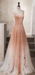 Party Dress With Sleeves, Unique champagne tulle long tulle Evening Dresses