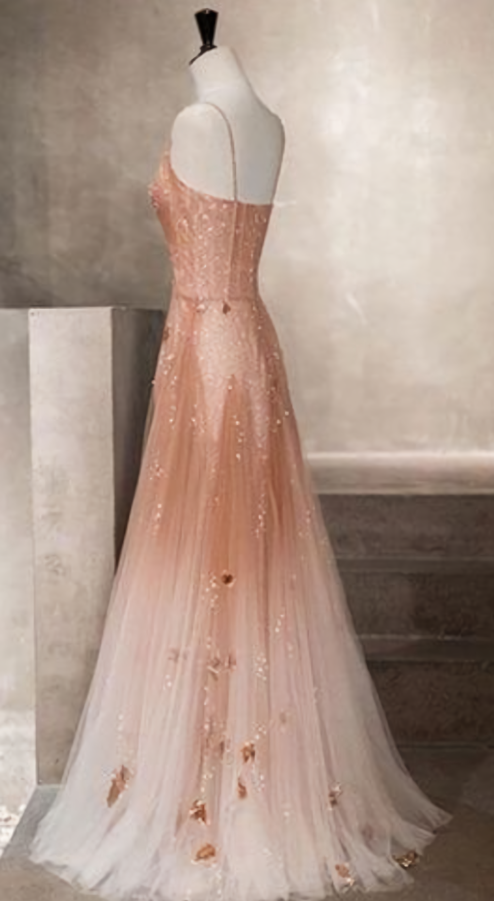 Party Dress Mid Length, Unique champagne tulle long tulle Evening Dresses