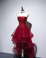 Formal Dress For Wedding Party, High Quality Wine Red High Low Lace Women Homecoming Dresses