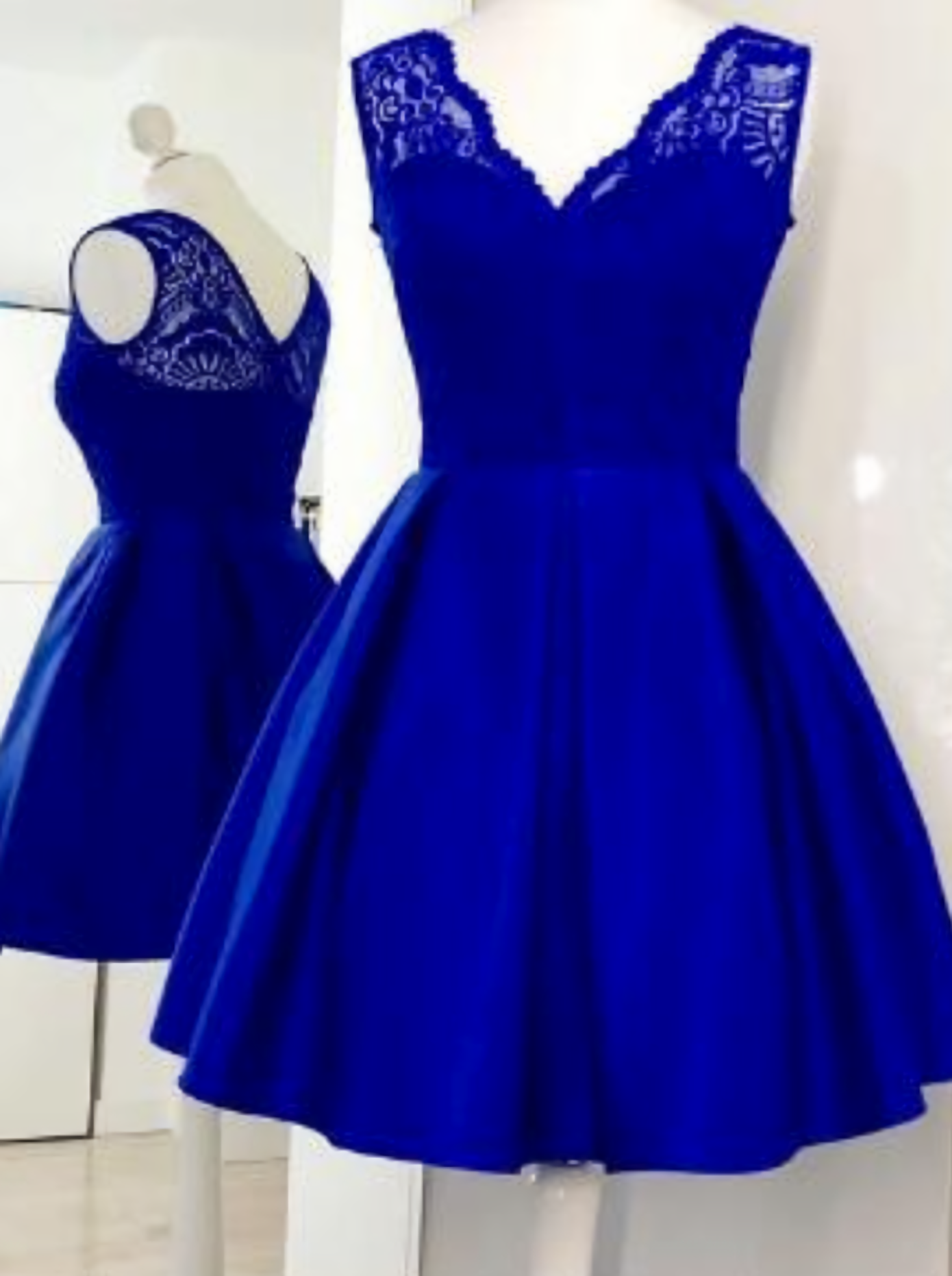 Little Black Dress, Royal Blue Satin Short with Lace V-Neck Homecoming Dresses