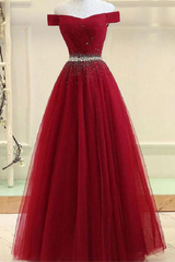 Prom Dress Red, A Line Burgundy Off The Shoulder Lace Up Tulle Sweetheart Long Prom Dresses