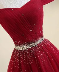 White Dress Outfit, A Line Burgundy Off The Shoulder Lace Up Tulle Sweetheart Long Prom Dresses