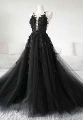 Party Dresses Glitter, Black tulle applique long fabulous custom made black Evening Dresses