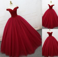 Party Dresses For Teen, Red Ball Gown Prom Dress, Elegant Off Shoulder Prom Dress, Long Evening Dress