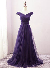 Formal Dresses Long Elegant Evening Gowns, Long Purple A-line Off the Shoulder Tulle Prom Dresses