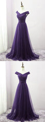 Formal Dresses Off The Shoulder, Long Purple A-line Off the Shoulder Tulle Prom Dresses