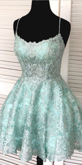 Party Dress Big Size, Auby Outfit Spaghetti-straps Mint Green Short Lace Backless Homecoming Dresses