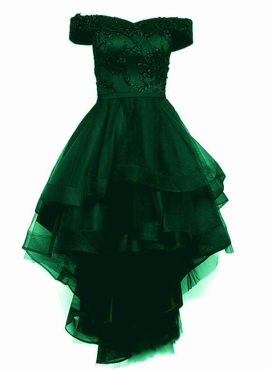 Formal Dresses Corset, Green Tulle Cute High Low Off Shoulder Prom Dresses