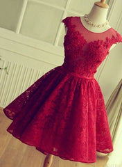 Party Dress Style Shop, A Line Crew Cap Sleeves Red Lace Homecoming Dress With Appliques