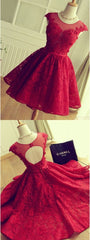 Party Dress In Store, A Line Crew Cap Sleeves Red Lace Homecoming Dress With Appliques
