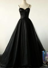 Party Dresses On Sale, Ball Gown Spaghetti Straps Black Tulle Prom Dress, Long Brush Sweep Train Prom Dress