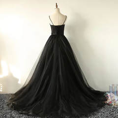 Party Dress On Sale, Ball Gown Spaghetti Straps Black Tulle Prom Dress, Long Brush Sweep Train Prom Dress