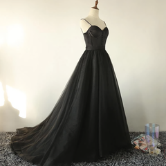 Party Dress Formal, Ball Gown Spaghetti Straps Black Tulle Prom Dress, Long Brush Sweep Train Prom Dress
