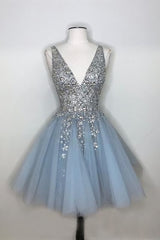 Night Out Outfit, Sparkly A-line Deep V-neck Light Blue Short Homecoming Dresses