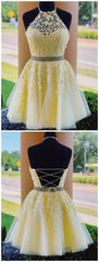 Party Dress Ideas For Curvy Figure, Charming A-Line Halter Cross Back Yellow Tulle Short with Appliques Homecoming Dresses