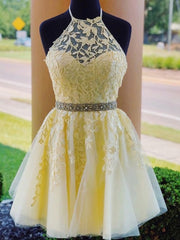 Black Dress Outfit, Charming A-Line Halter Cross Back Yellow Tulle Short with Appliques Homecoming Dresses