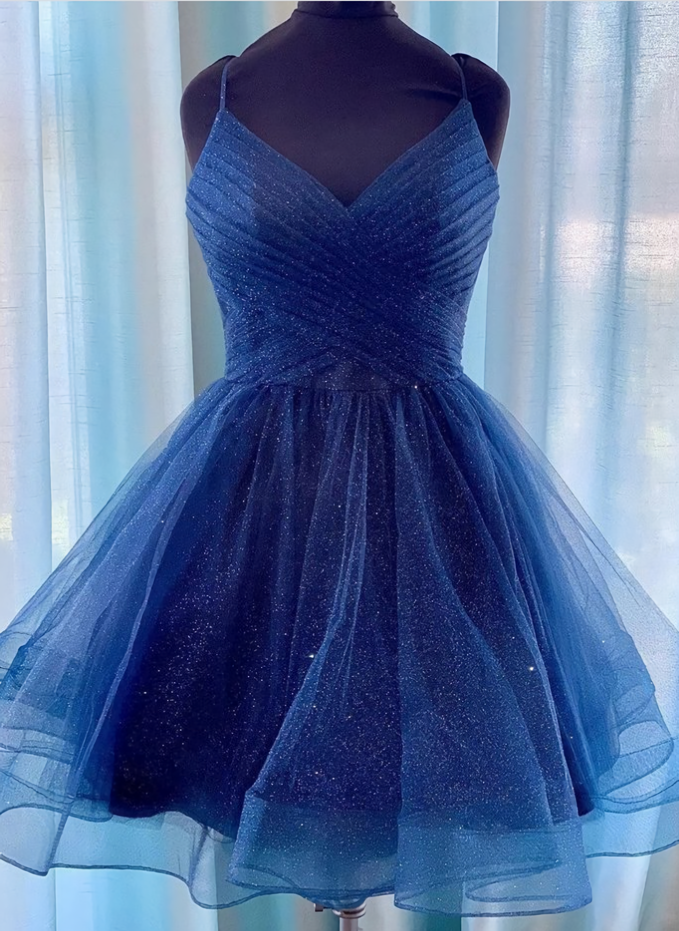 Lace Dress, Sparkly Navy Blue V-neck Short Homecoming Dresses