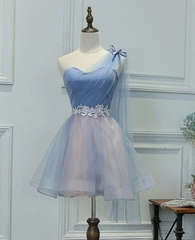 Backless Dress, One Shoulder Tulle Sweetheart Short Blue Homecoming Dresses