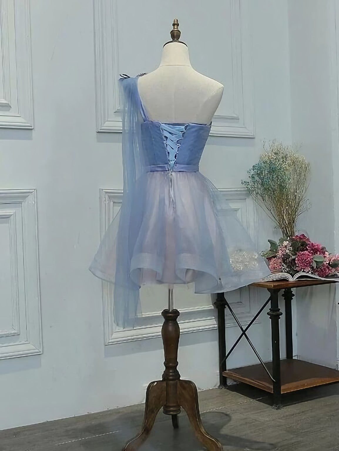 Gown Dress, One Shoulder Tulle Sweetheart Short Blue Homecoming Dresses