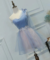 Sun Dress, One Shoulder Tulle Sweetheart Short Blue Homecoming Dresses