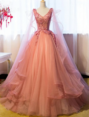 Party Dresses For Summer, Tulle Sweet 16 With Lace Applique Long Party Dresses