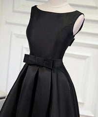 Party Dress Midi With Sleeves, Lovely Simple Black Satin Knee Length Party Dresses