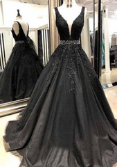 Party Dress Sales, Black Appliques Prom Dress With Beaded Waist A Line Tulle Long Graduation Dresses