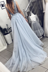 Homecoming Dresses Online, Light Blue A Line V Neck Backless Beaded Top Tulle Long Prom Dress, Backless Light Blue Formal Dresses, Evening Dresses
