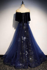 Homecoming Dresses Blue, Blue Tulle With Velvet Long Party Dress, A Line Off Shoulder Formal Dress, Prom Dress